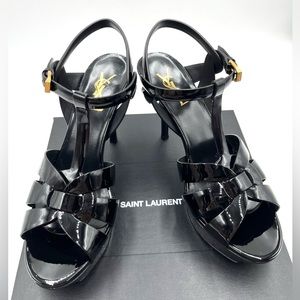 SAINT LAURENT Tribute Patent Sandals, 4" Heel